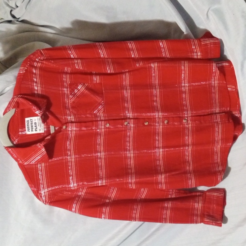 Justice Perfectly Plaid Red Flannel Size 14 Red and Silver
